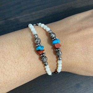 Vintage Native American Handmade Coral Turquoise Liquid Silver Bracelet